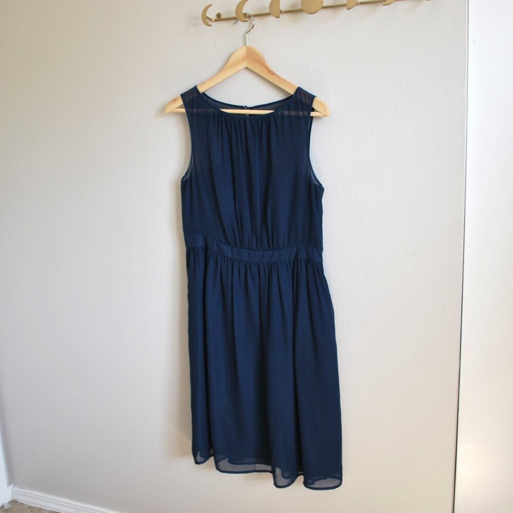 Navy Blue Sleeveless Fit & Flare Sheer Chiffon Party Dress